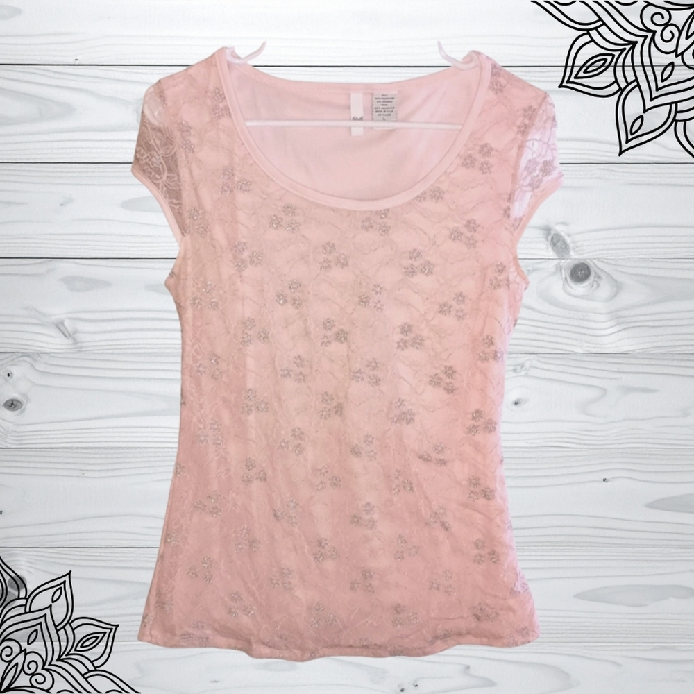 Sami + Jo pink lacy lined short sleeve blouse, size Large